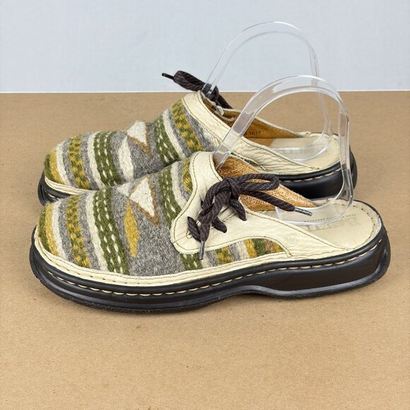 Born Shoes - Born Aztec Wool Leather Mules Womens 7 Green Gray Cream Slip On Casual Comfort